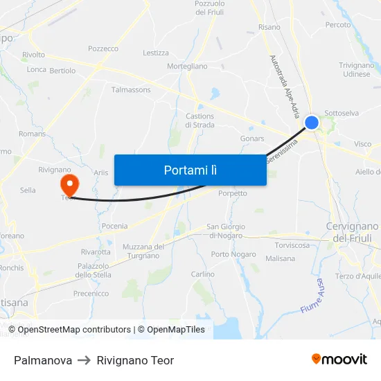 Palmanova to Rivignano Teor map