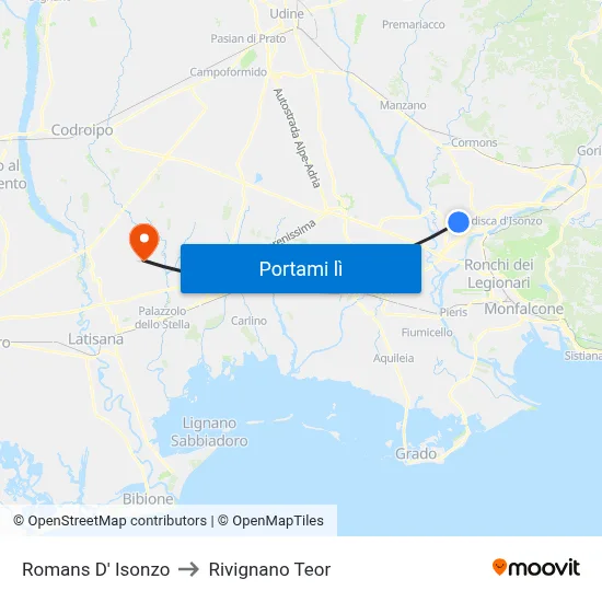 Romans D' Isonzo to Rivignano Teor map