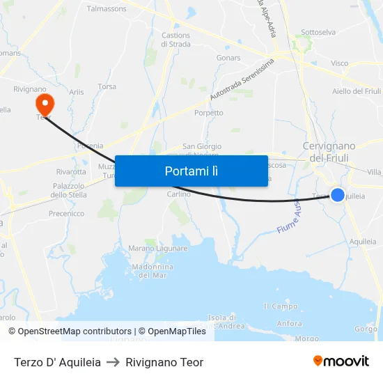 Terzo D' Aquileia to Rivignano Teor map