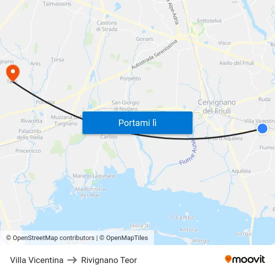 Villa Vicentina to Rivignano Teor map