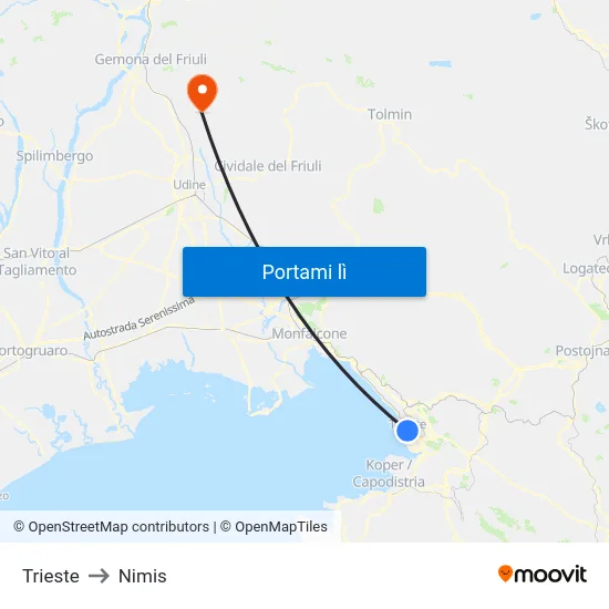 Trieste to Nimis map