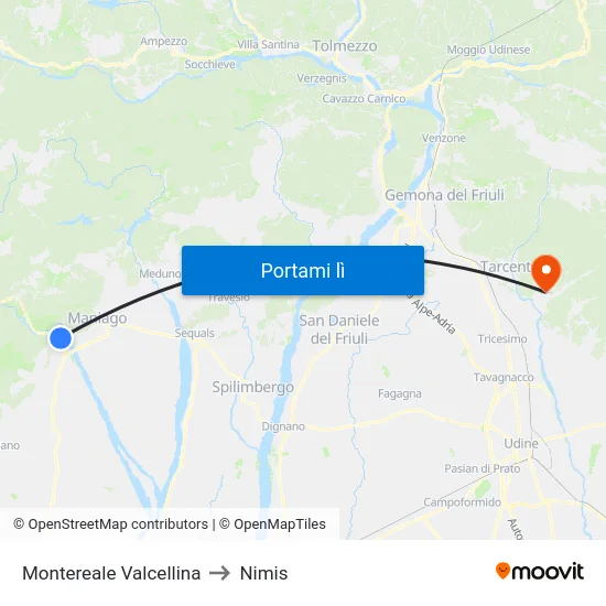 Montereale Valcellina to Nimis map