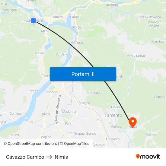 Cavazzo Carnico to Nimis map