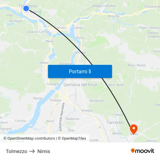 Tolmezzo to Nimis map