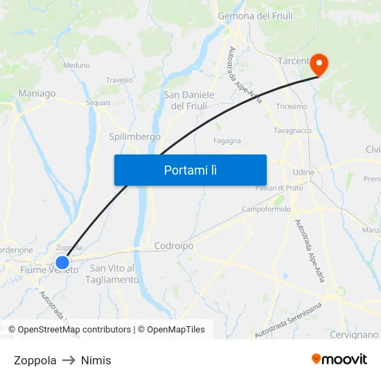 Zoppola to Nimis map