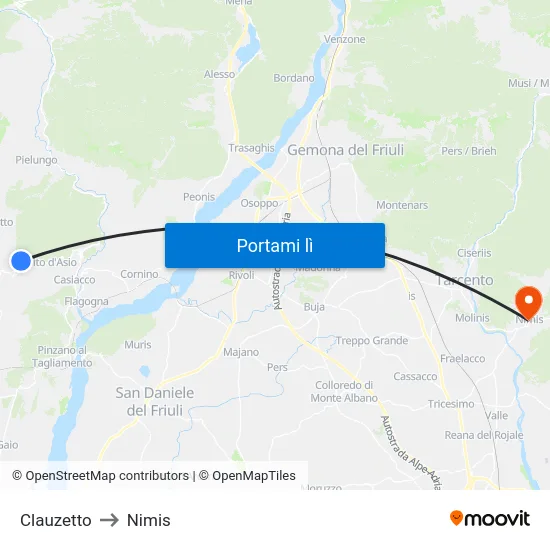 Clauzetto to Nimis map