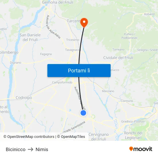 Bicinicco to Nimis map