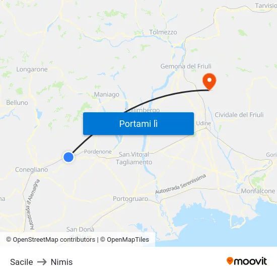 Sacile to Nimis map