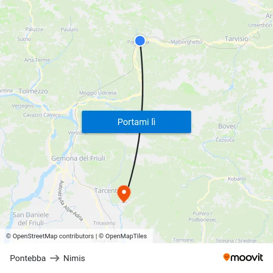 Pontebba to Nimis map