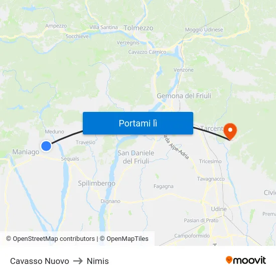 Cavasso Nuovo to Nimis map