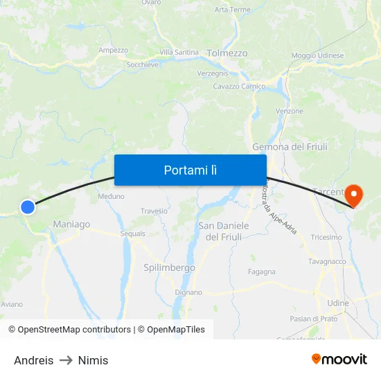 Andreis to Nimis map