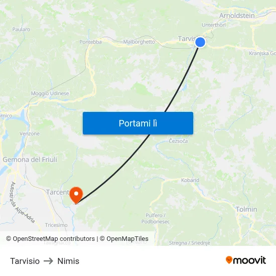 Tarvisio to Nimis map