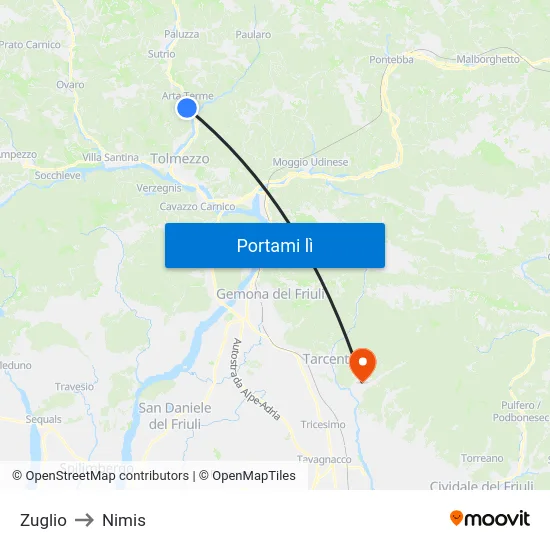 Zuglio to Nimis map