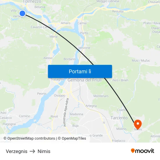 Verzegnis to Nimis map