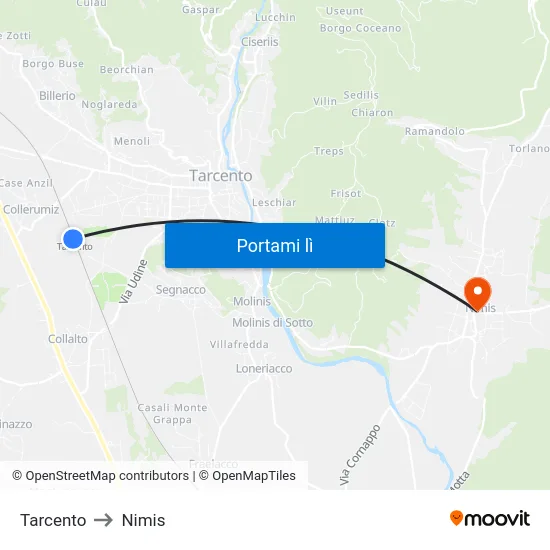 Tarcento to Nimis map