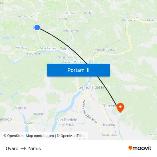 Ovaro to Nimis map