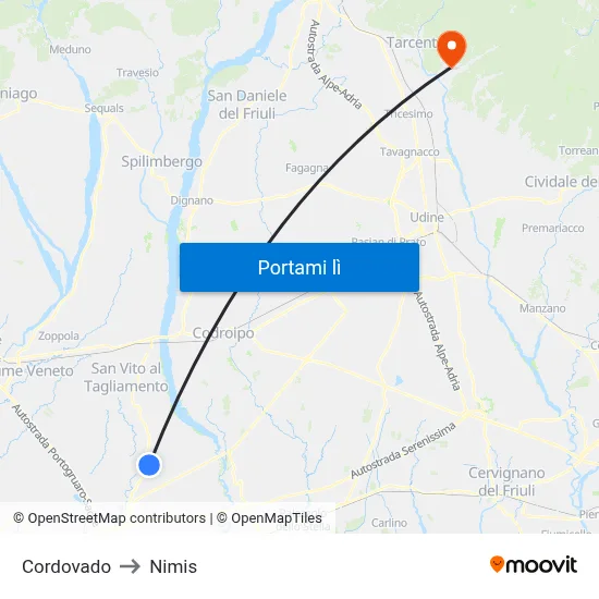 Cordovado to Nimis map