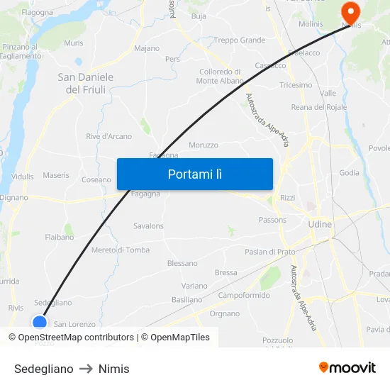 Sedegliano to Nimis map