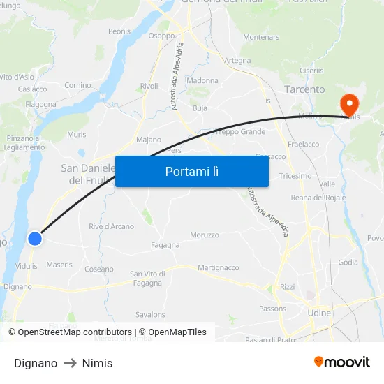 Dignano to Nimis map