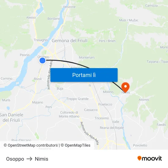 Osoppo to Nimis map