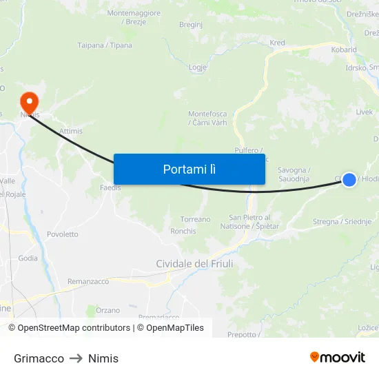 Grimacco to Nimis map