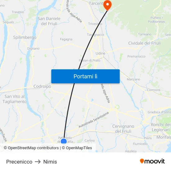 Precenicco to Nimis map