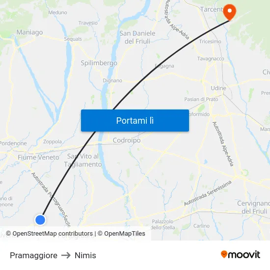 Pramaggiore to Nimis map