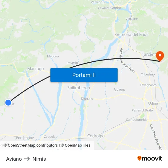 Aviano to Nimis map