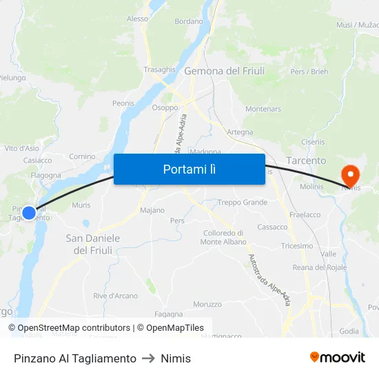 Pinzano Al Tagliamento to Nimis map