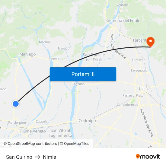 San Quirino to Nimis map