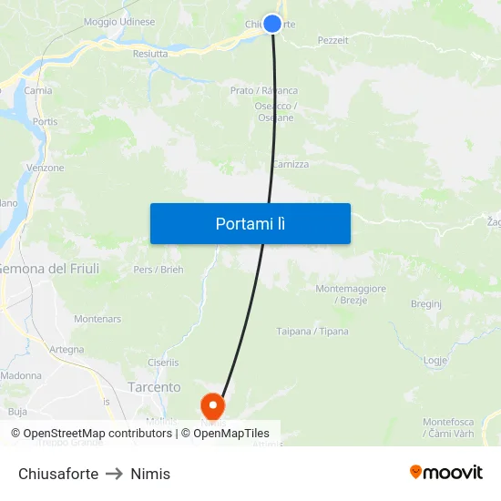 Chiusaforte to Nimis map