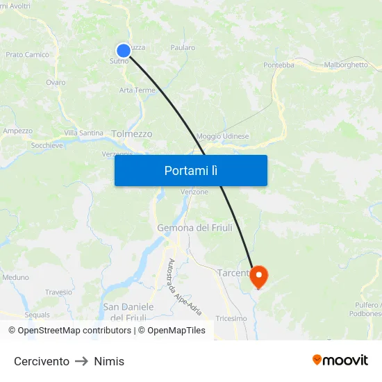 Cercivento to Nimis map