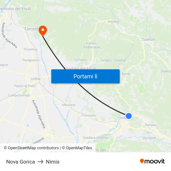 Nova Gorica to Nimis map