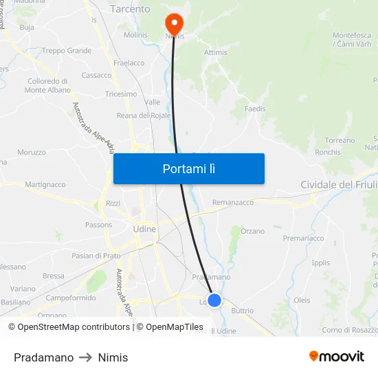 Pradamano to Nimis map