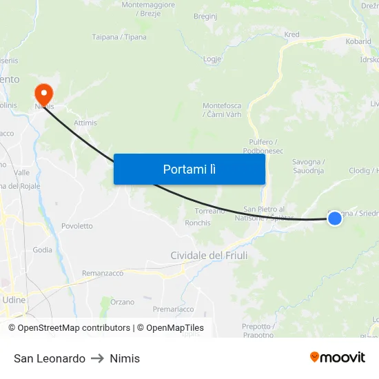 San Leonardo to Nimis map