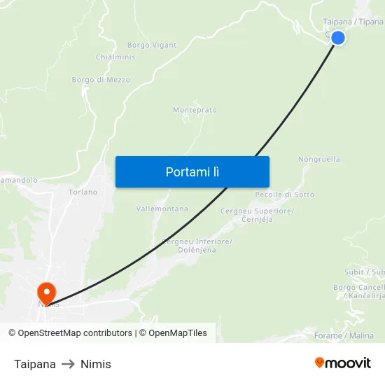 Taipana to Nimis map
