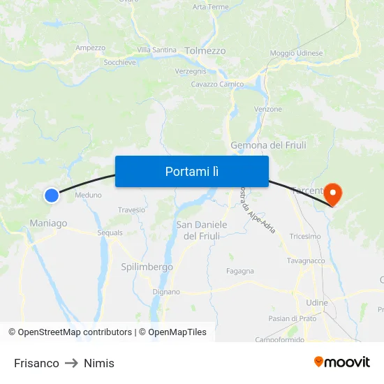 Frisanco to Nimis map