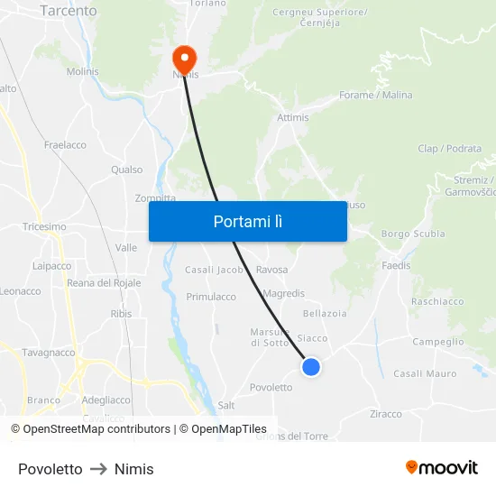 Povoletto to Nimis map