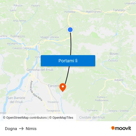Dogna to Nimis map
