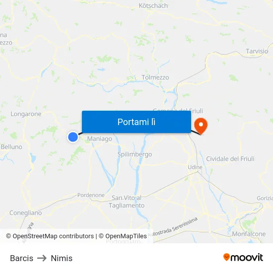 Barcis to Nimis map