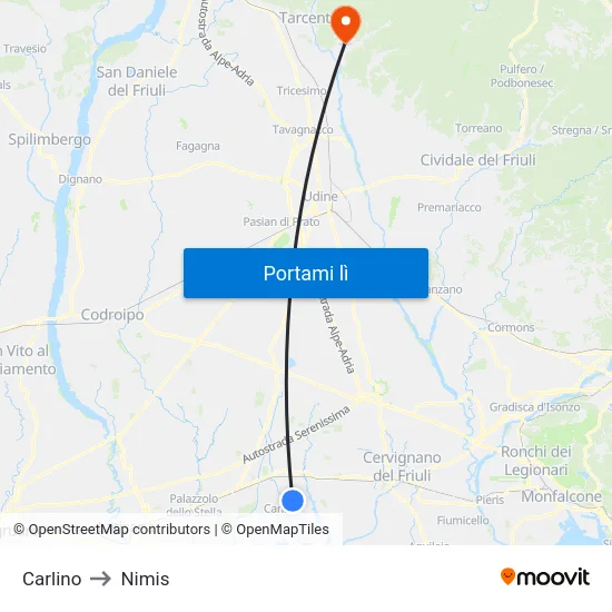 Carlino to Nimis map