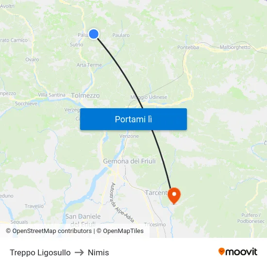 Treppo Ligosullo to Nimis map