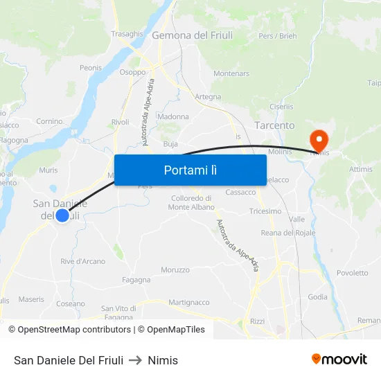 San Daniele Del Friuli to Nimis map