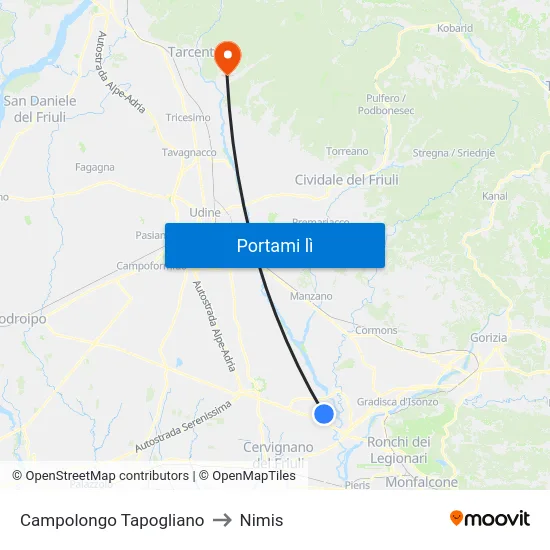 Campolongo Tapogliano to Nimis map