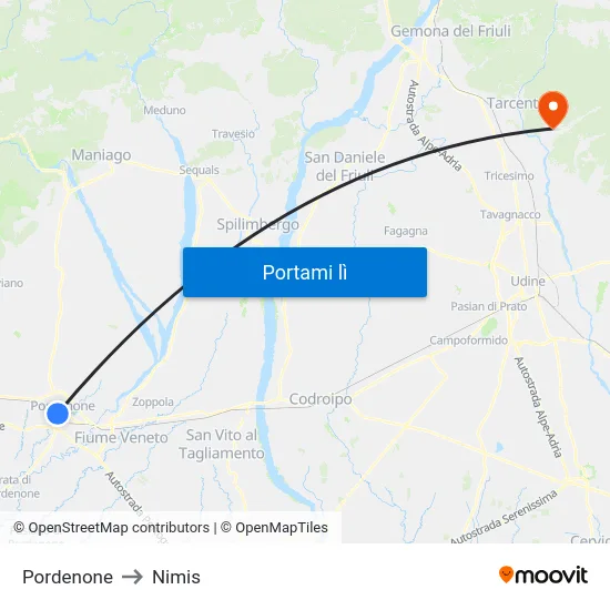 Pordenone to Nimis map