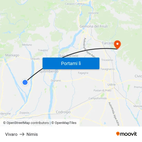 Vivaro to Nimis map