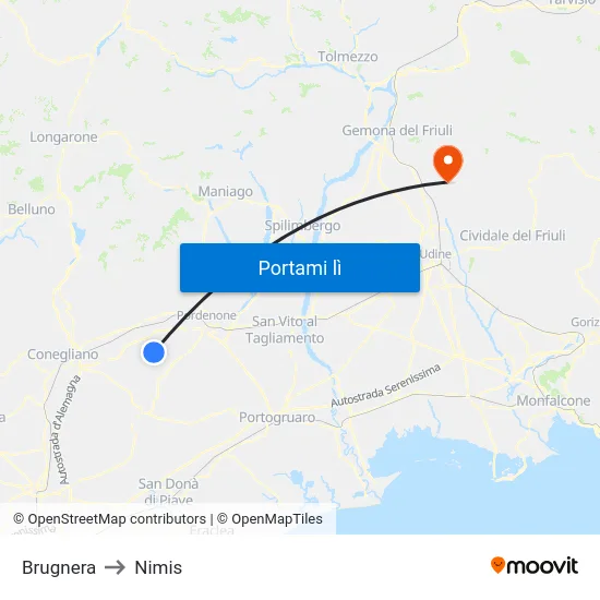 Brugnera to Nimis map