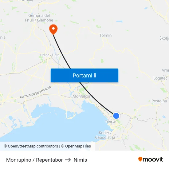 Monrupino / Repentabor to Nimis map
