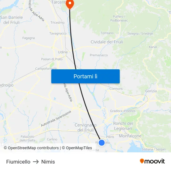 Fiumicello to Nimis map