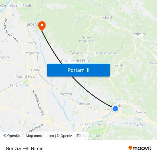 Gorizia to Nimis map